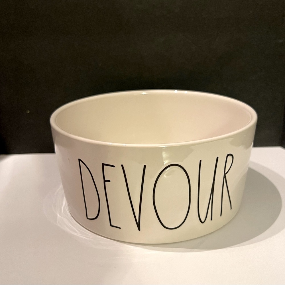 Rae Dunn 5" Devour Dog Feeding Bowl. Snacks. Ceramic. Ivory and black. Perfect.